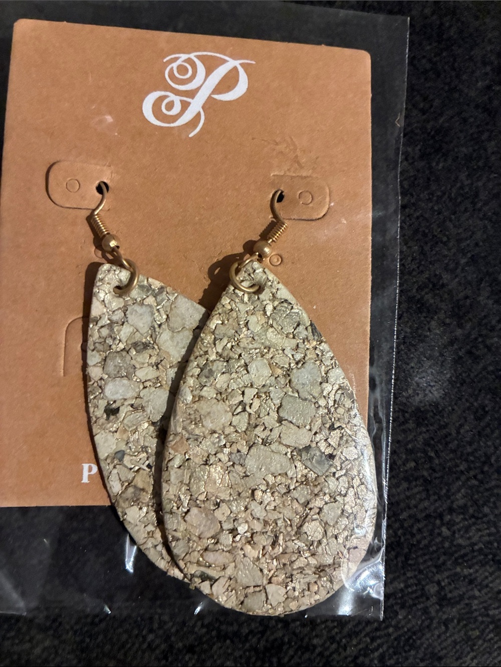 Plunder cork Beige Textured Teardrop Earrings with Gold Accents